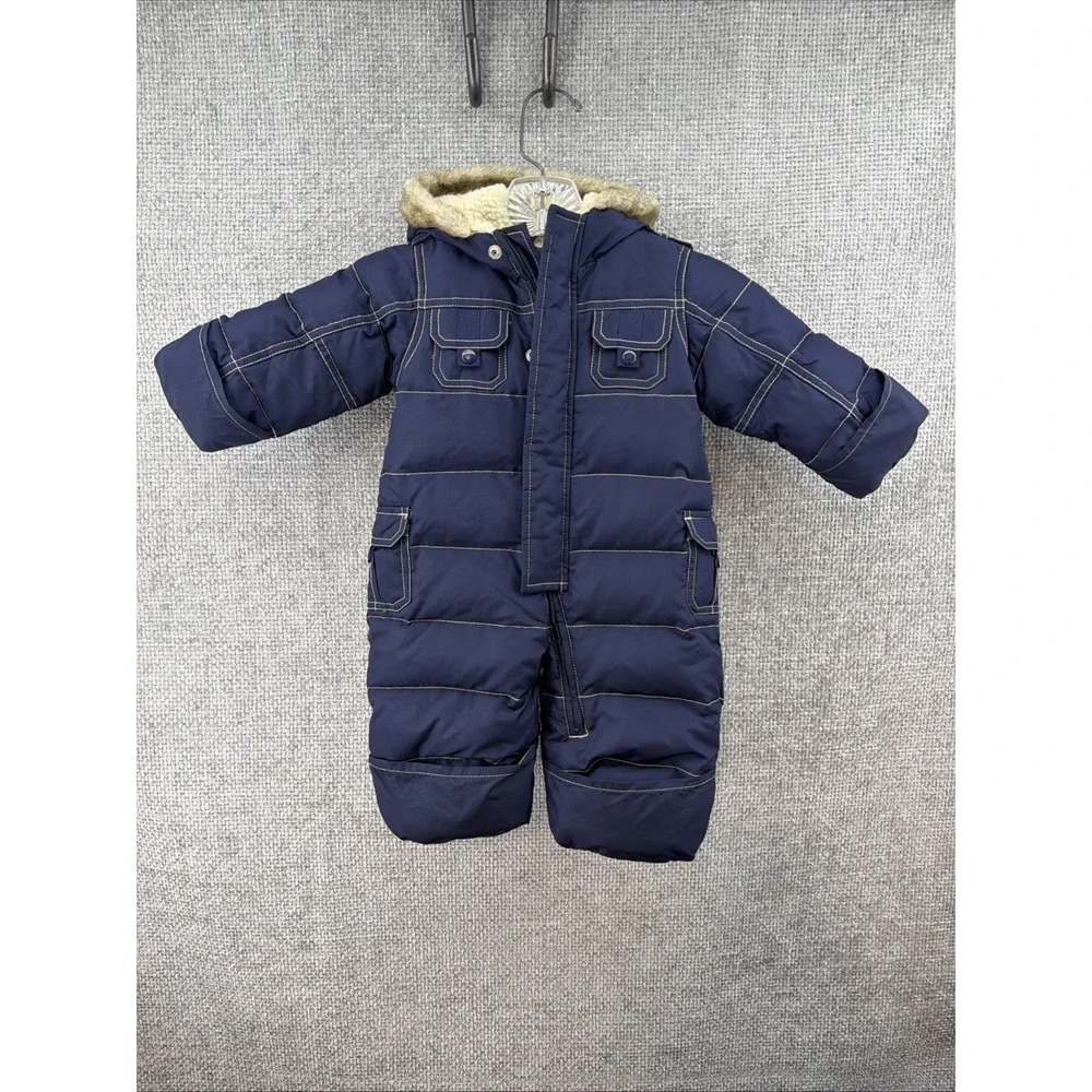 Baby Gap 3-6 Months Down Filled Cargo Pocket Down Faux Fur Hooded‎ Snowsuit Navy
